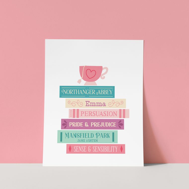 Print of stacked books with a coffee cup on top